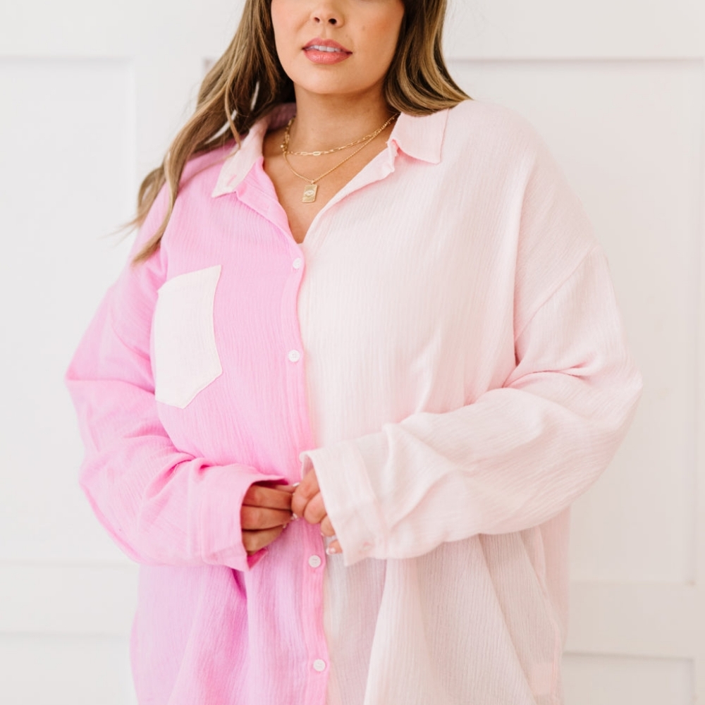 Pinky Promise Full Size Run Color Block Button Down Shirt